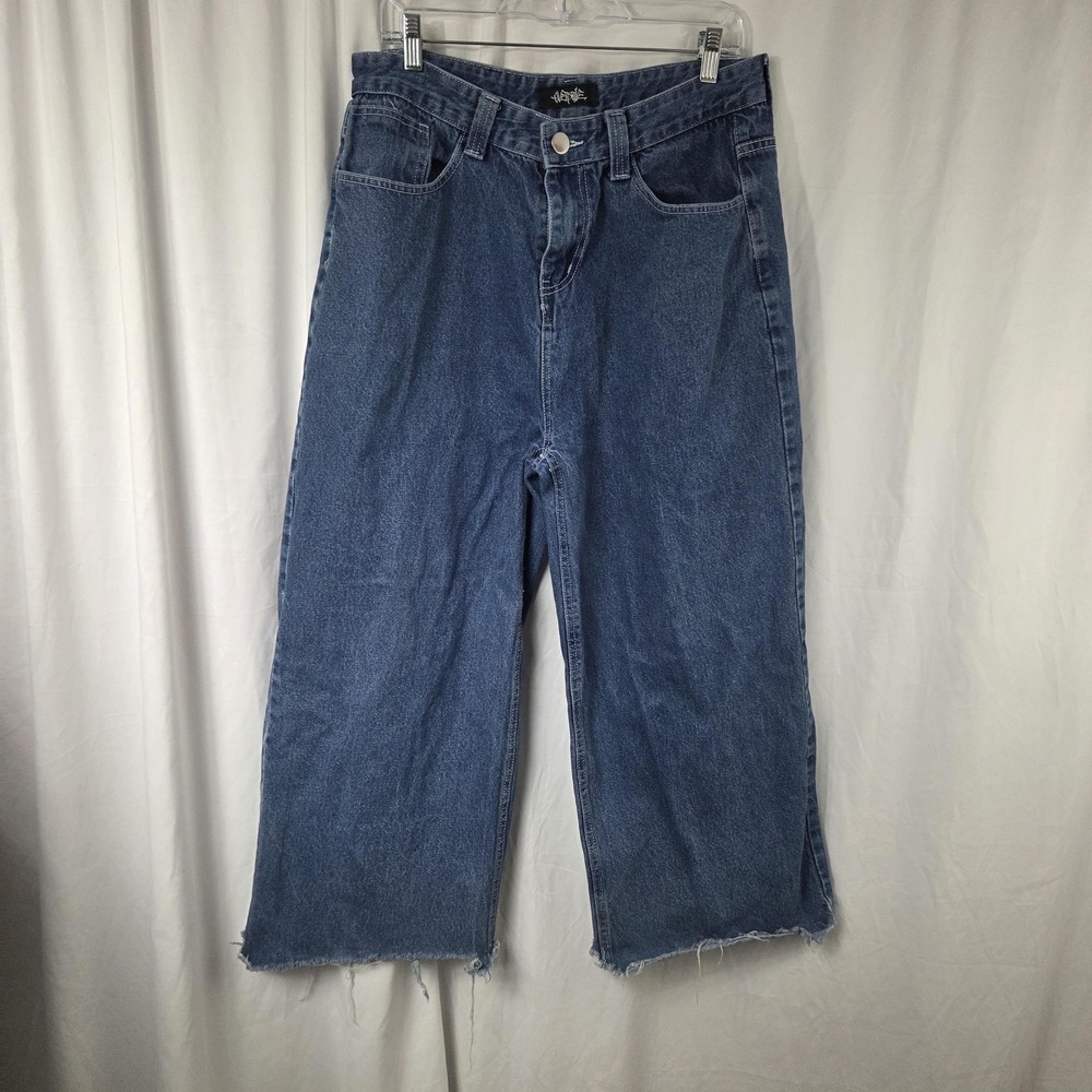 Overdrive Jeans Mens 34x25 Blue Medium Wash Wide Leg Crop Skull Jester Denim